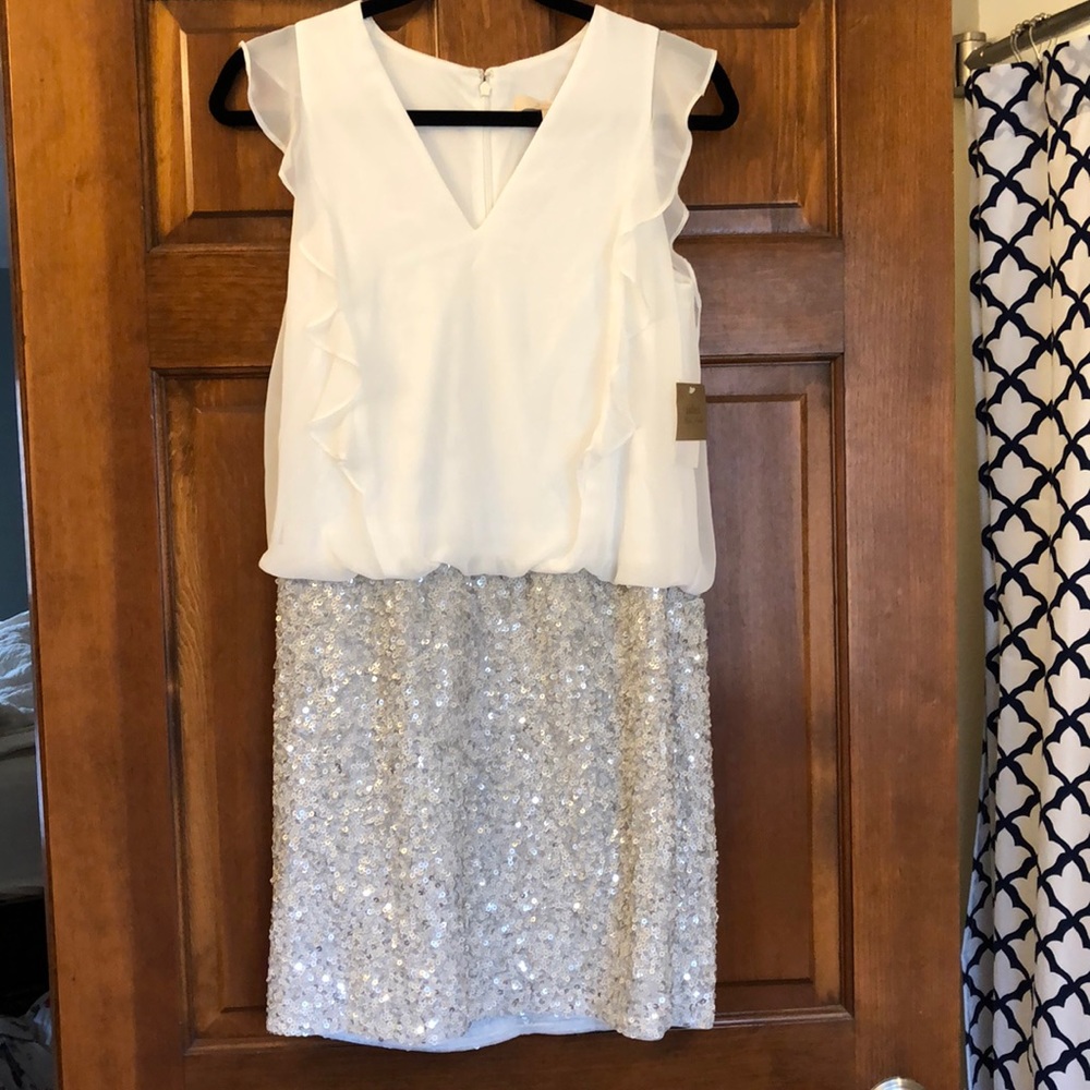 NWT Aidan Mattox White/Silver Sequin Blouson Dress